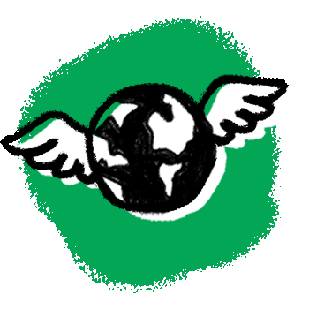 An illustration of planet earth with wings on a bright green background