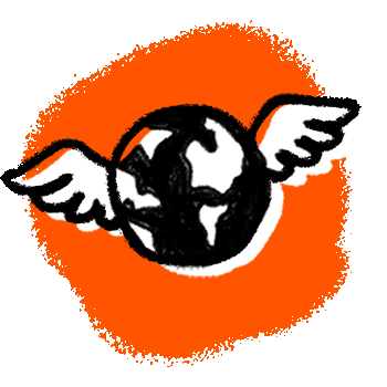 Illustration of a flying planet earth on an orange background